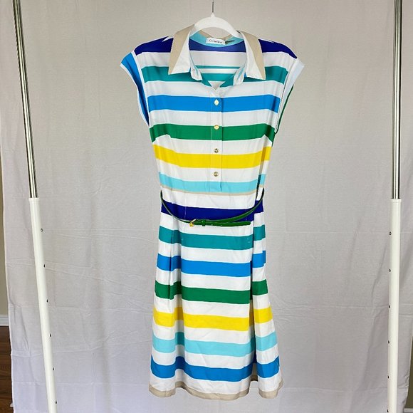 Calvin Klein Women's Multi Colour A-Line Dress With Green Belt - Picture 1 of 15